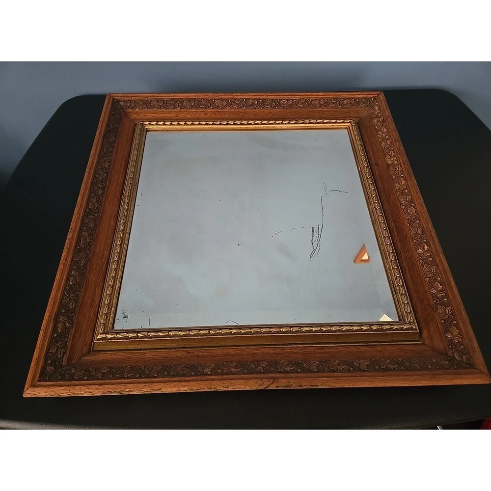 Antique Walnut Deep Ornate Frame Wall Mirror Gilded Interior Patina Age Desilver